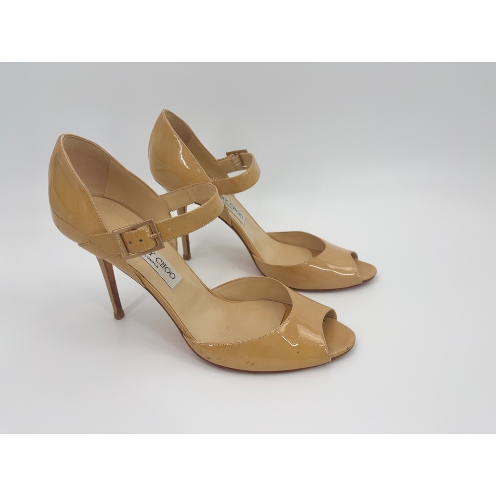 Jimmy Choo Patent Leather Peep-Toe Mary Jane Heels in Nude